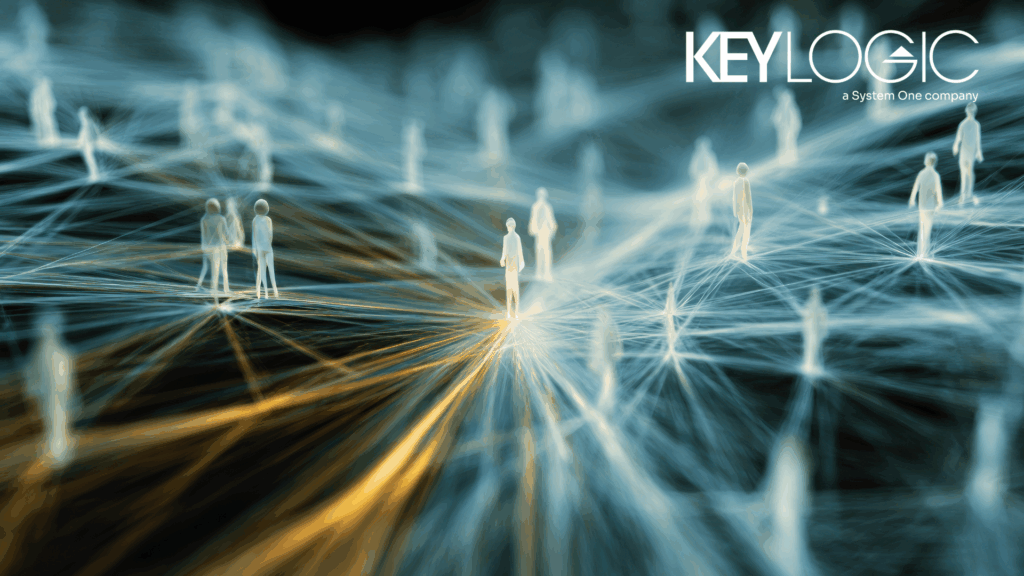 White figures connected by beams of yellow and white light