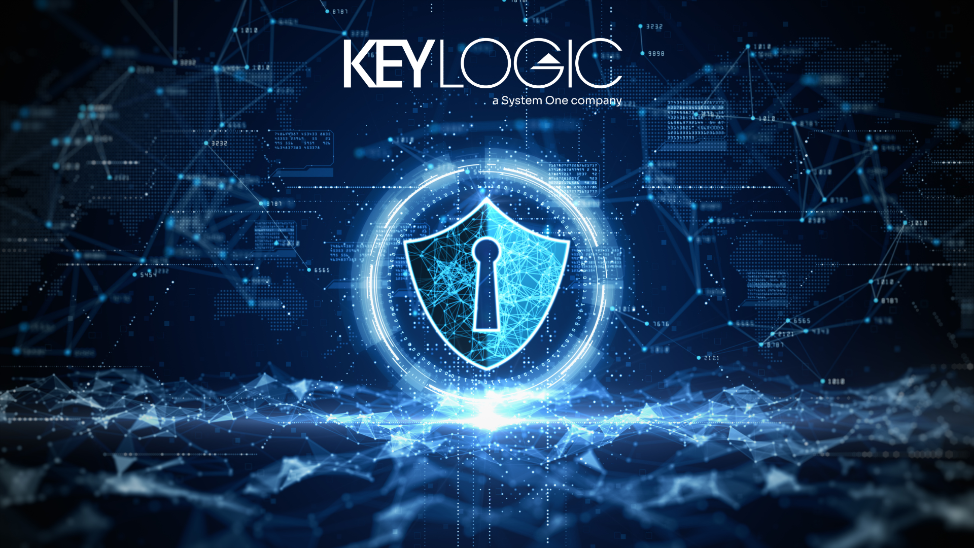 A shield with a key hole against a digital abstract background