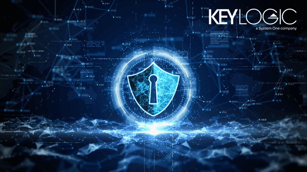 A shield with a key hole against a digital abstract background