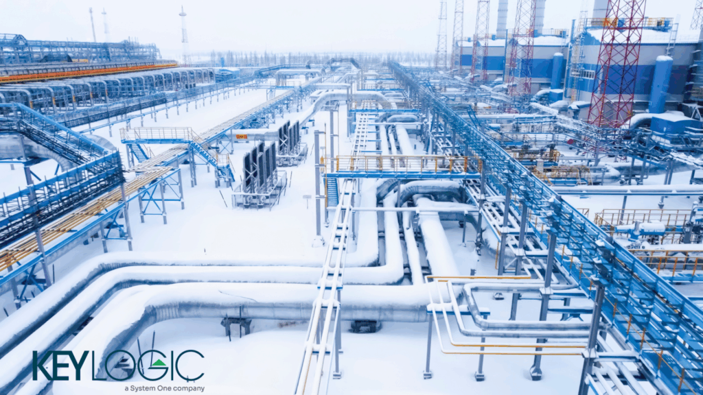 Liquid natural gas pipes covered in snow