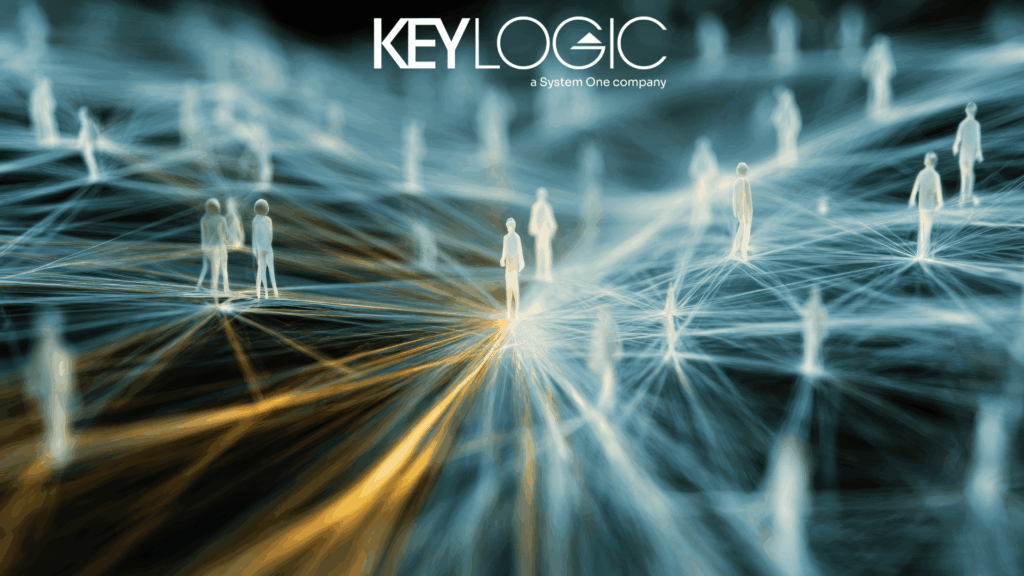 White figures connected by beams of yellow and white light