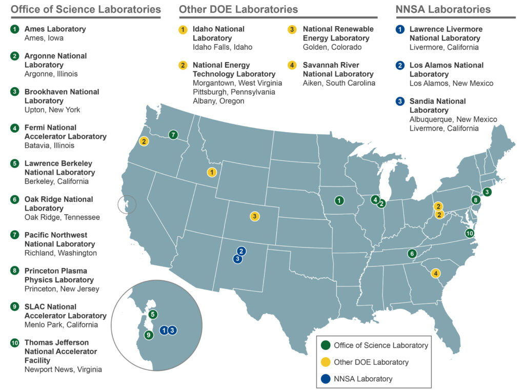 A map of the Department of Energy laboratories.